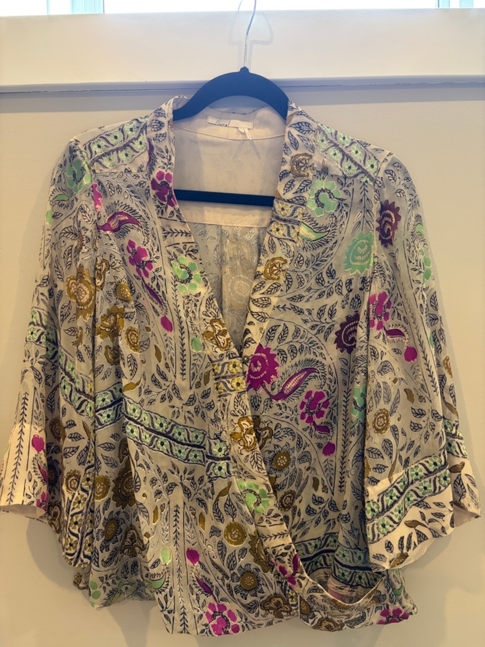 Anthropologie Floral Wrap Tunic Blouse in Cream with Pink & Green Accents